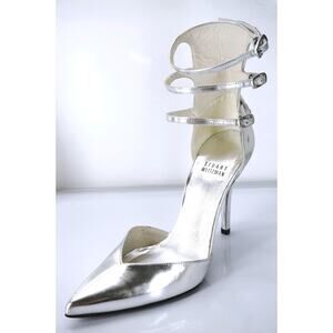 Stuart Weitzman Privacy Silver Pointy Toe Multi Ankle Strap Pumps Size 6.5 Wide